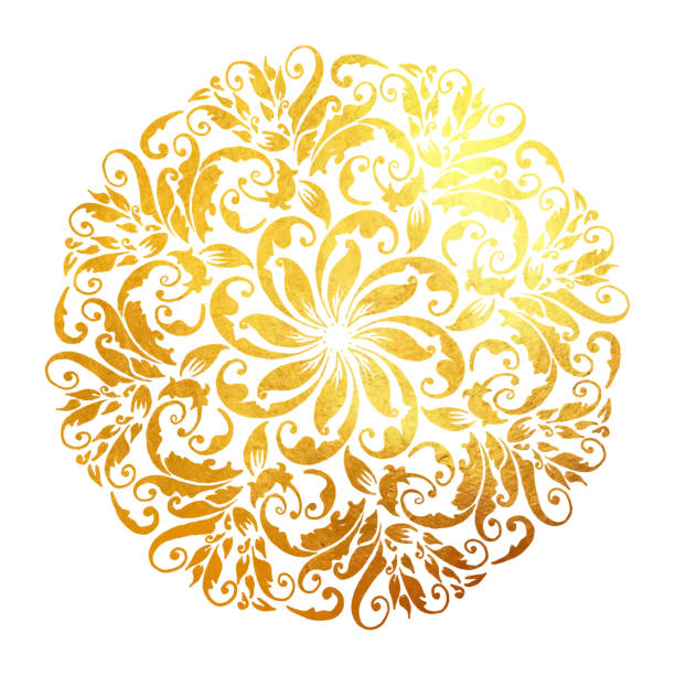 Hand Drawn Floral Gold Colored Mandala. Modern and Minimalist Mandala with Bright Colors. Geometric Circle Design Element for Invitation and Greeting Cards. Hand Drawn Floral Gold Colored Mandala. Modern and Minimalist Mandala with Bright Colors. Geometric Circle Design Element for Invitation and Greeting Cards. arabic style illustrations stock illustrations