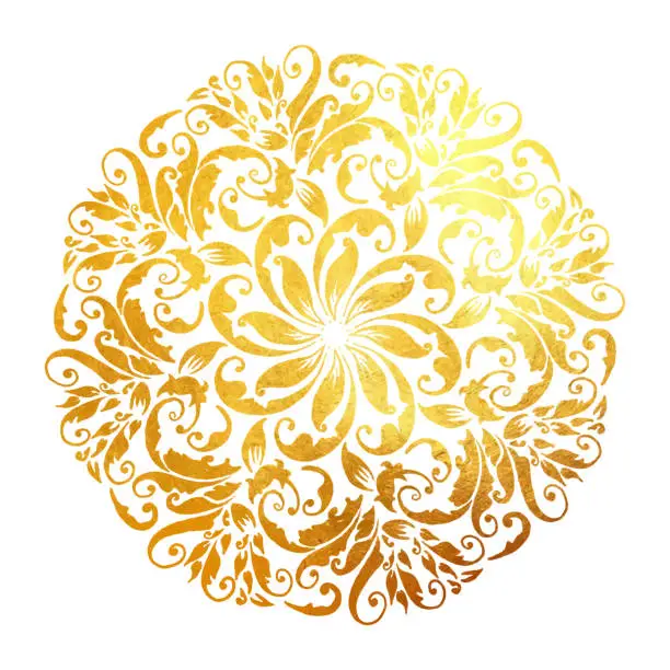 Vector illustration of Hand Drawn Floral Gold Colored Mandala. Modern and Minimalist Mandala with Bright Colors. Geometric Circle Design Element for Invitation and Greeting Cards.