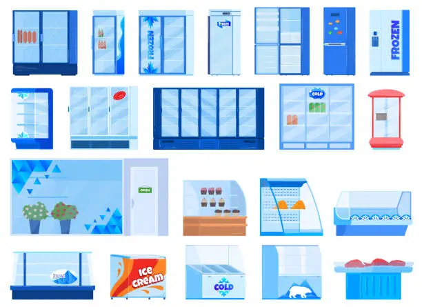 Vector illustration of Refrigerator freezer vector illustration set, cartoon flat fridge equipment collection for freezing or refrigerating food drink