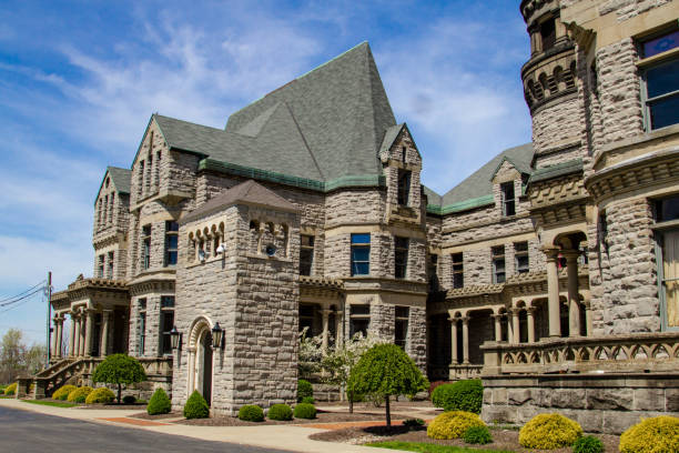 Mansfield, Ohio, USA - April 18, 2017: The Ohio Mansfield Reformatory Prison in Ohio was once an abandoned and closed prison and is now open to the public as a museum available for tours. It is famous as the location for many scenes of the movie Shawshank Redemption.