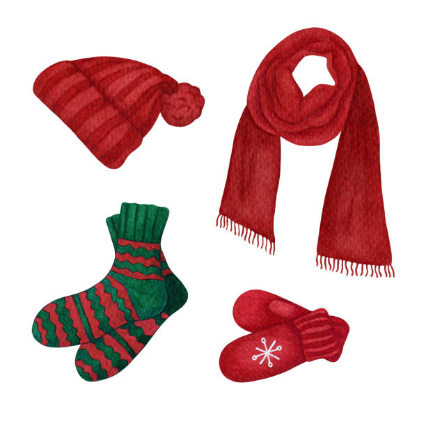 ●水彩赤緑の服セット、ニットアクセサリー。冬休み、クリスマスの装飾のために隔離されたデザイン要素 - scarf hat green glove点のイラスト素材／クリップアート素材／マンガ素材／アイコン素材