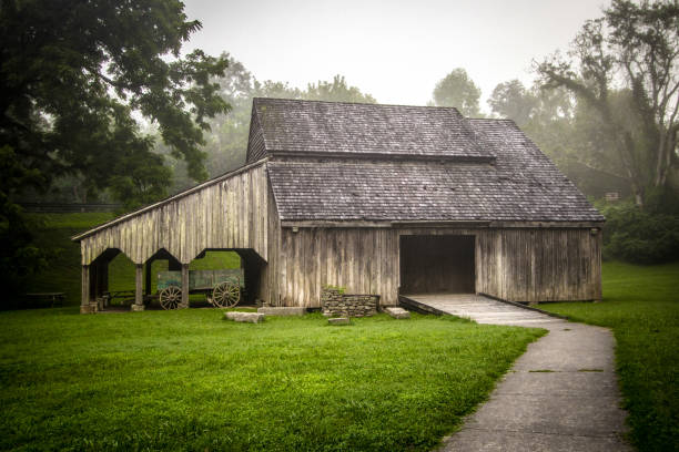 A rustic farm setting depicting a weathered wood barn with hay stacks inside and an orange tree next to it.