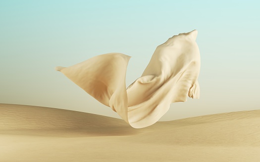 3d render, abstract modern minimal background with flying drapery on a desert landscape with sand dunes, textile cloth falls down