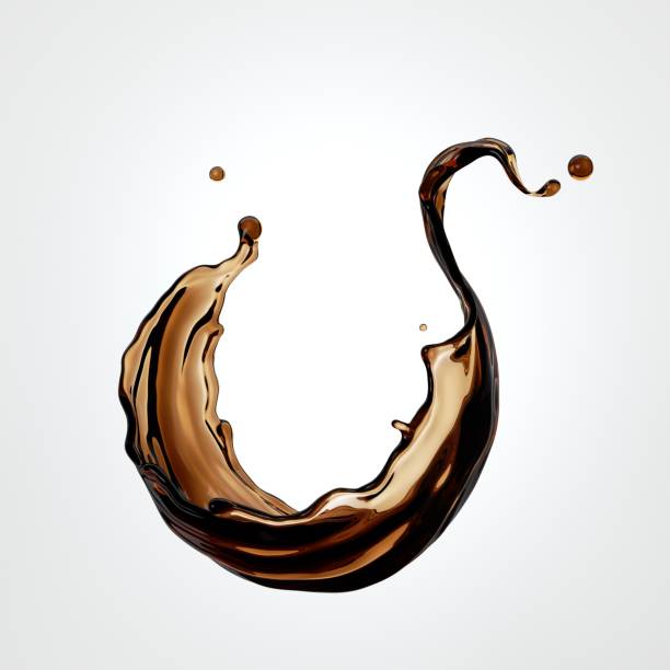 istock 3d render, brown liquid splash, tea or coffee splashing beverage, wavy jet clip art isolated on white background. 1277222621