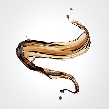 3d rendering, tea or coffee liquid splash, brown liquid wavy jet, splashing wave clip art isolated on white background.