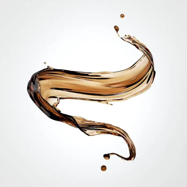 Photo of 3d rendering, tea or coffee liquid splash, brown liquid wavy jet, splashing wave clip art isolated on white background.