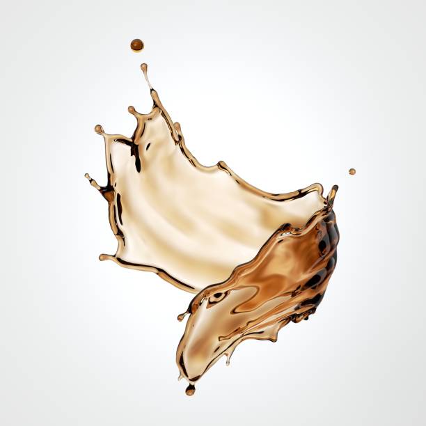 istock 3d render, tea or coffee liquid splash, brown liquid wavy jet, splashing wave clip art isolated on white background. 1277222630