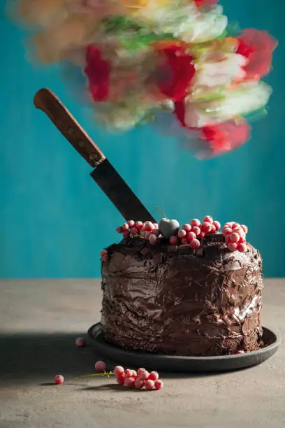Chocolate cake with red currant frozen berries on top and cutting knife vintage and blurred flowers on blue background