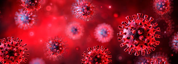 Covid-19 oder SARS-CoV-2 In Flüssigkeit - Coronavirus im roten Hintergrund - enthalten 3D Illustration – Foto