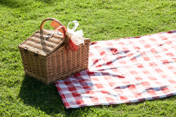 istock Picnic basket with a red and white tablecloth on the green lawn. 1277226418