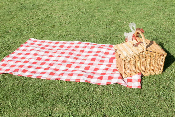 istock Picnic basket with a red and white tablecloth on the green lawn. 1277226433
