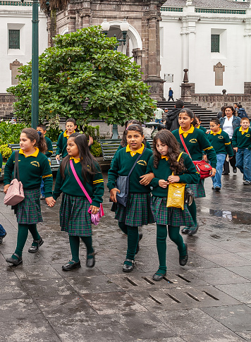 Quito, Ecuador - December 2, 2008: Group of girl secondary students of William Perkin International School walking. Green foliage in back. Green-yellow clothes upper body, gren skirt and stockings.