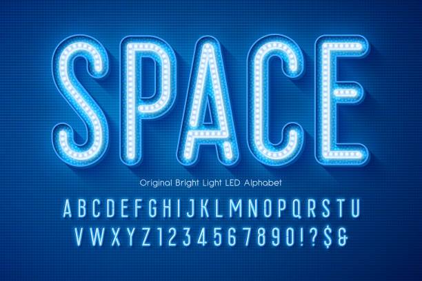 led-licht 3d alphabet, extra glühenden modernen typ. - neon stock-grafiken, -clipart, -cartoons und -symbole
