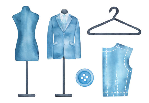 Water color drawing collection of fashion and sewing sign: blank mannequin, stylish men suit, round button, dress hanger, cloth pattern sample. Hand painted watercolor, clip art elements for design. Hand drawn watercolor illustration. clothing patterns stock illustrations
