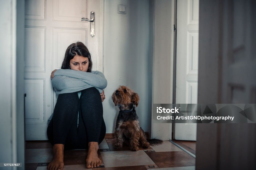 Woman With A Mental Problems Is Sitting Exhausted On The Floor With Her Dog Next To Her Woman with mental health problems is sitting desperate on the floor and  crying and her dog is next to her Women Stock Photo