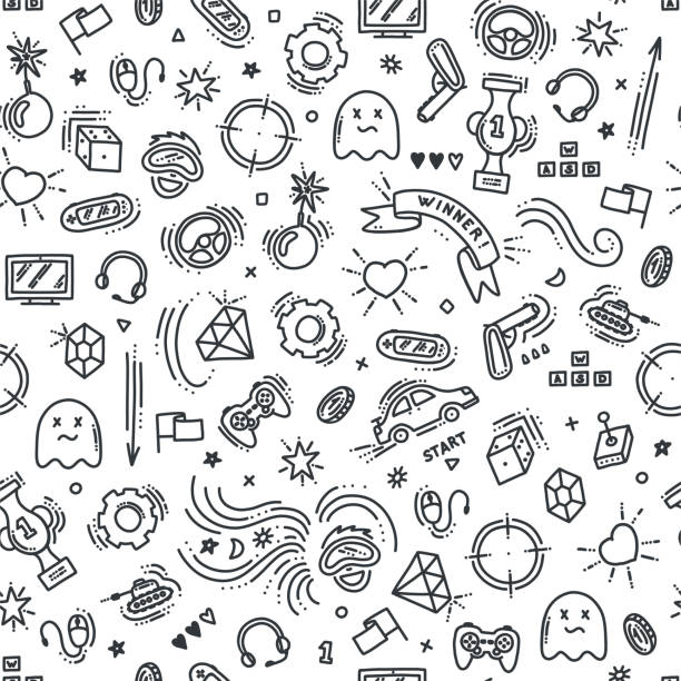 Seamless pattern of gaming objects. Vector illustration in doodle style Seamless pattern of gaming objects. Virtual reality, computers, game genres and related stuff. Vector illustration in doodle style doodle stock illustrations