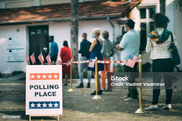 Waiting In Line On Election Day Stock Photo - Download Image Now - Voting, Waiting In Line, Protective Face Mask