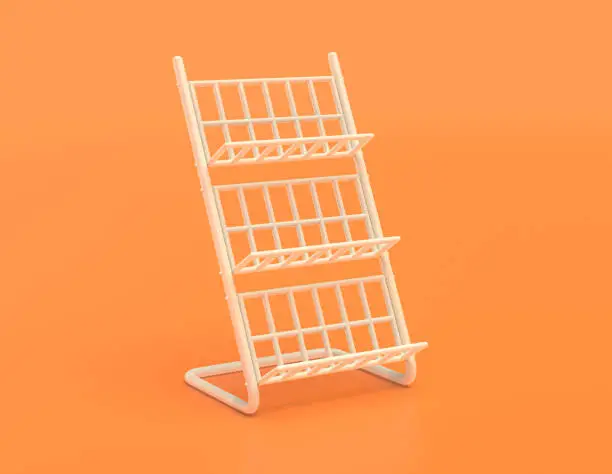 Photo of monochrome wire magazine rack in yellow orange background, flat colors, single color, 3d rendering