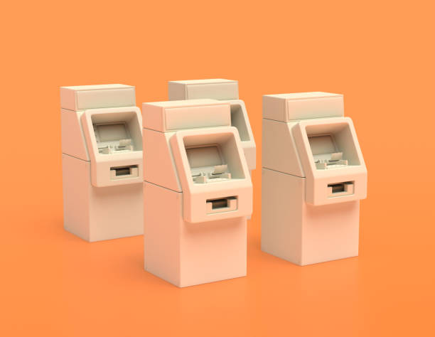 istock Multiple white plastic Automated Teller Machines or ATM machines in rows on yellow orange background side by side, flat colors, single color banking machine, 3d rendering 1277239881