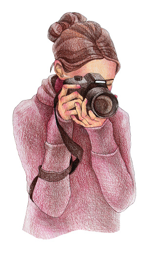 Girl with a photo camera. Hand-drawn colored pencils woman photographer isolated on white background. Art creative object for sticker, card, wrapping