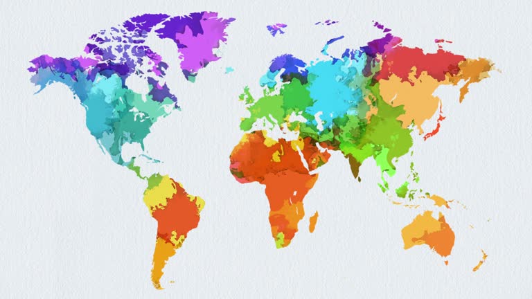 Colorful global continent reveal on watercolor paper