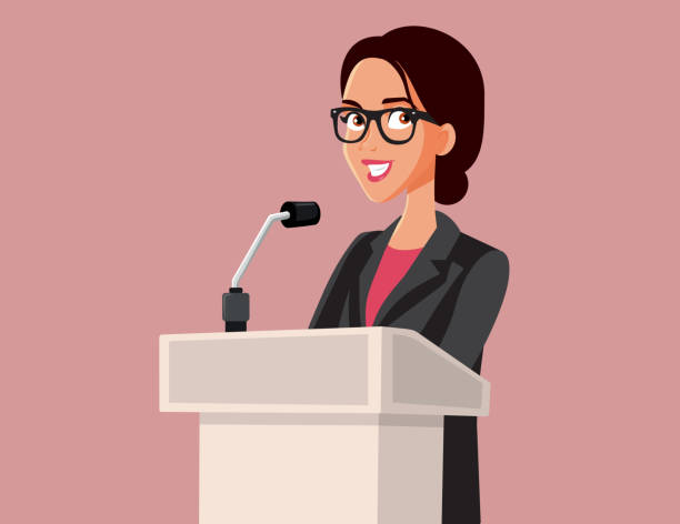 junge politikerin im gespräch bei pressekonferenz - politician women president public speaker stock-grafiken, -clipart, -cartoons und -symbole