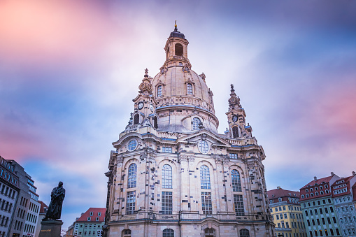Dresden architecture: illuminated Frauenkirche panorama at dawn – Germany