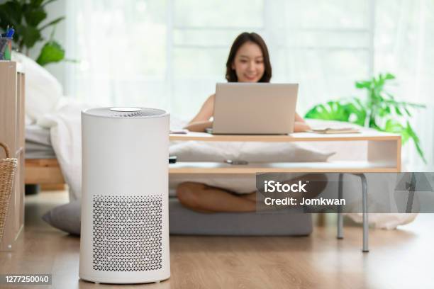 Air Purifier In Living Room For Clean And Fresh Air With Woman Working With Computer Laptop And Relax In Background Stock Photo - Download Image Now