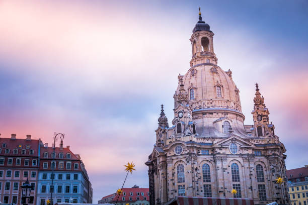 istock Dresden architecture: illuminated Frauenkirche panorama at dawn – Germany 1277251680