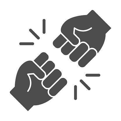 Struggle between whites and blacks solid icon,  concept,  racial fight sign on white background, One fist kick another icon in glyph style for mobile. Vector graphics