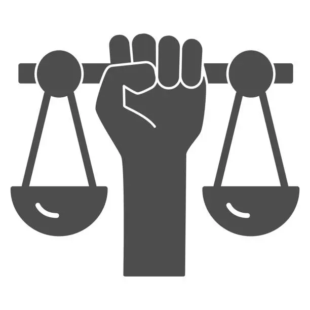 Vector illustration of Hand holding scales solid icon,  concept, Civil rights sign on white background, Justice scales in hand icon in glyph style for mobile and web design. Vector graphics.