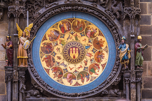 Close-up of Prague Astronomical clock in old town square details – Czech Republic