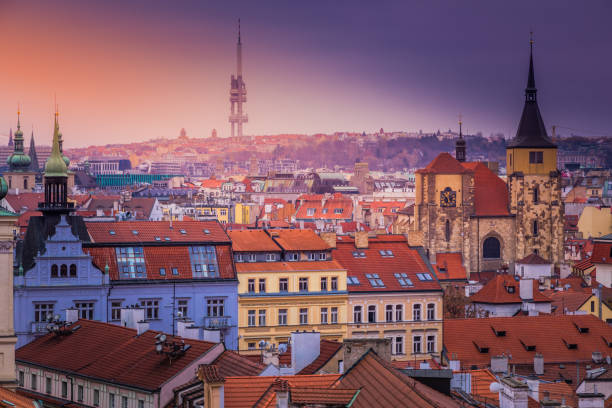 Aerial view Prague city in sunny day, Czech republic