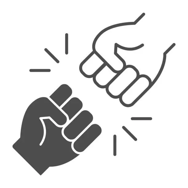 Vector illustration of Struggle between whites and blacks thin line icon,  concept, protest racial fight sign on white background, One fist kick another icon in outline style for mobile. Vector graphics.