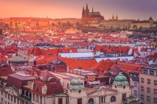 istock Prague architecture panorama from above at sunset – Czech Republic 1277252969