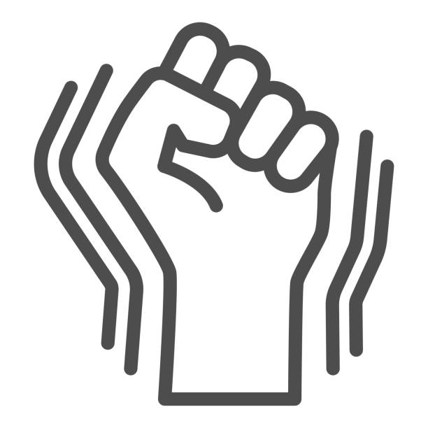 ilustrações, clipart, desenhos animados e ícones de ícone da linha de gestos de punho elevado, conceito, sinal de mão humana no fundo branco, fist levantou ícone no estilo de contorno para conceito móvel, web design. gráficos vetoriais. - fist