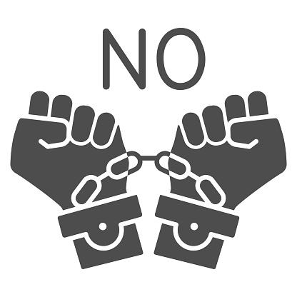 No to shackles symbol solid icon,  concept, No violence against blacks sign on white background, handcuffed hands icon in glyph style for mobile and web. Vector graphics