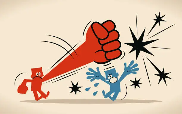 Vector illustration of Angry red man is beating blue man with a big fist; Blue man got hit on the head