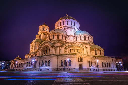 St. Alexander Nevsky Cathedral at night with traffic light trails – Sofia, Bulgaria