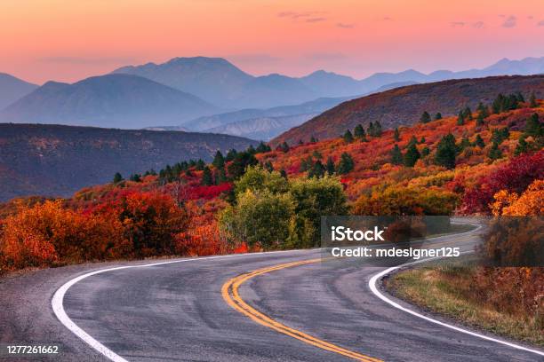 Winding Mountain Road With Fall Colors Stock Photo - Download Image Now - Autumn, Road, Mountain