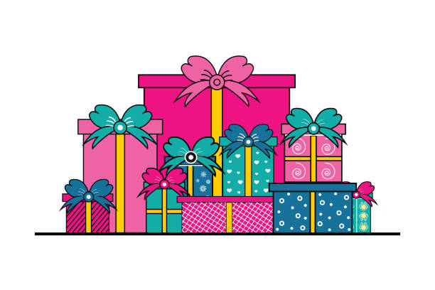 ilustraciones, imágenes clip art, dibujos animados e iconos de stock de gran pila de cajas de regalo envueltas de colores - birthday present christmas pink white background