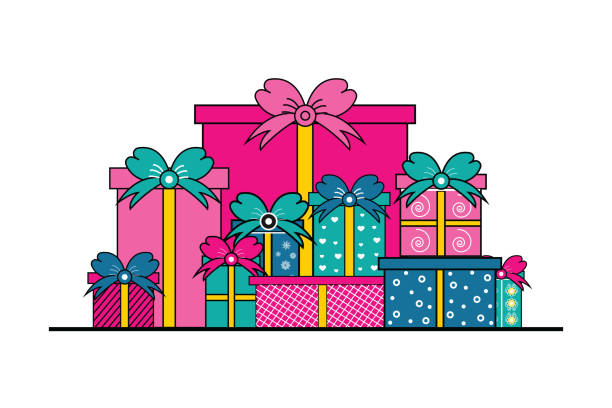 illustrazioni stock, clip art, cartoni animati e icone di tendenza di grande mucchio di scatole regalo colorate avvolte - birthday present christmas pink white background