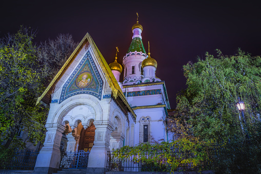 Russian church of St Nicholas the Miracle-Maker illuminated at night – Sofia, Bulgaria