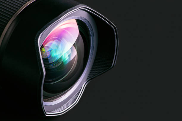 istock Camera lens on a black background. Wide-angle close-up lens. Macro 1277264562