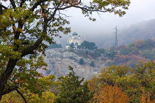 View of the Foros Church in Crimea on October 18, 2019. Beautiful autumn landscape with one of the sights of the Crimea.