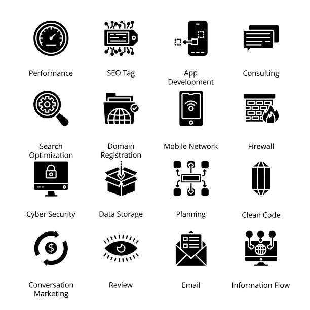 ilustrações, clipart, desenhos animados e ícones de ícones de glifo de rede e hospedagem - telephone directory engine searching computer