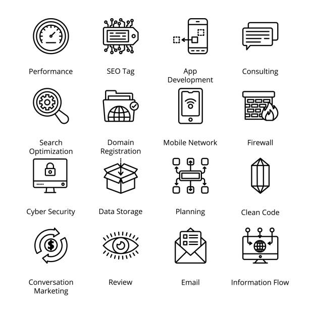 ilustrações, clipart, desenhos animados e ícones de ícones de contorno de rede e hospedagem - telephone directory engine searching computer