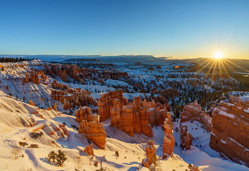 Bryce Canyon National Park at sunrise in Winter, Utah, USA