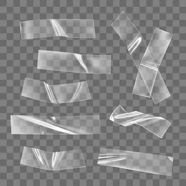 Vector illustration of Transparent adhesive plastic tape pieces and cross for fixing isolated on transparent background. Crumpled glue plastic sticky tape for photo and paper fixture. 3d realistic wrinkled strips vector