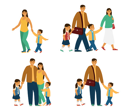 Flat Vector Illustration Of Smiling Asian Family With Kids. Young Parents With Children Walking, Hugging, Standing. Isolated On White.